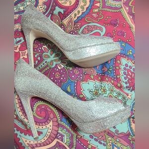 Michael Kors Erika Platform Open Toe Pumps Silver Glitter High Heels